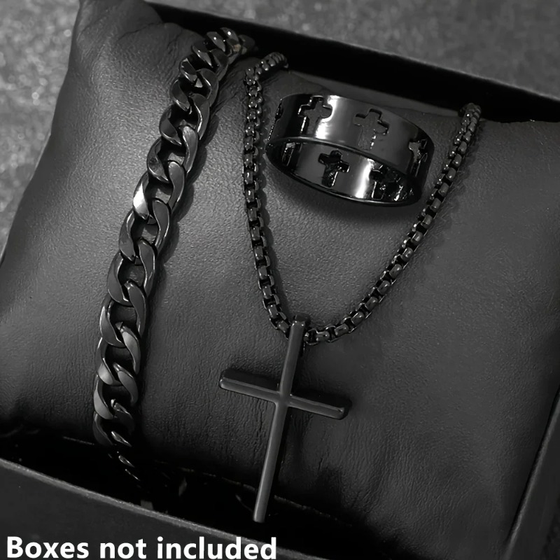 Men Accessories Ring And Bracelet - Set Aksesoris Gaya Silang Gelang Kalung